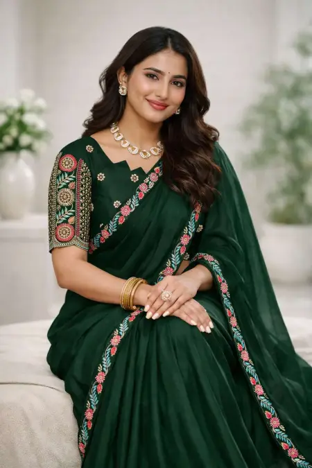 Dark Green Georgette Bollywood Saree (Regular Sari) view 3