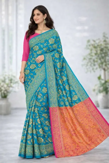 Pink, Teal Banarasi Silk Banarasi Saree - Casual (Regular Sari) (Free Size)