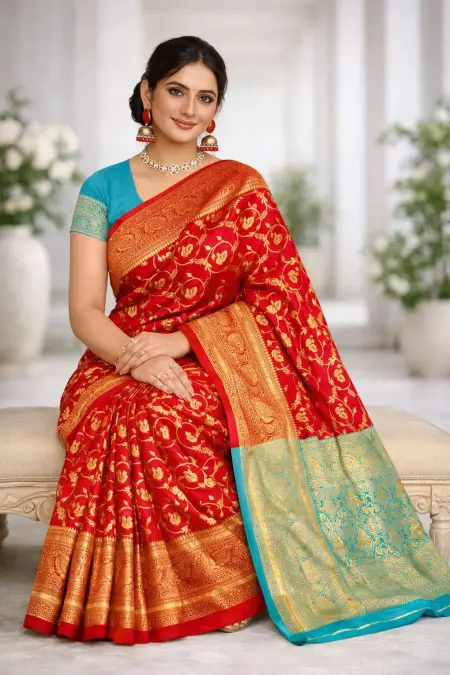 Light Blue, Red Art Silk Bollywood Saree (Regular Sari) view 3