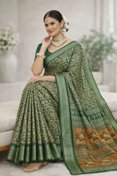 Dark Green, Green, Light Green, Mehendi, Olive Banarasi Silk Banarasi Saree - Casual (Regular Sari) (Free Size) view 3