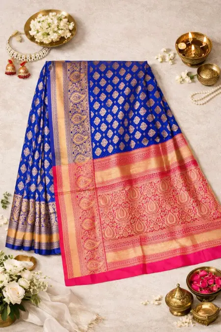 Navy Blue, Pink Banarasi Silk Banarasi Saree (Regular Sari) view 4