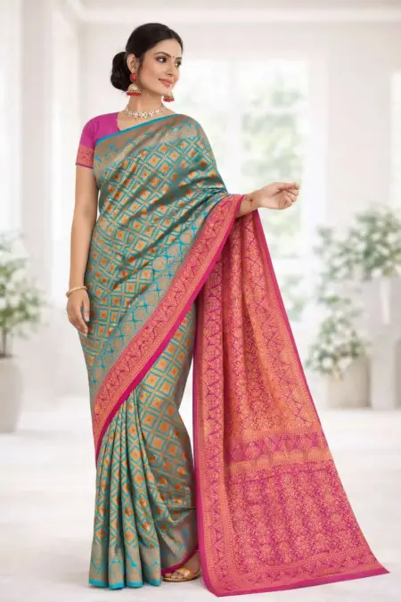 Magenta, Teal Banarasi Silk Banarasi Saree (Regular Sari)