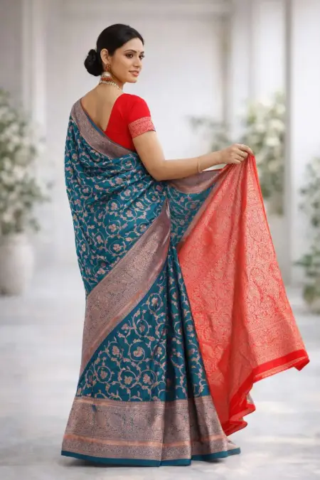 Blue, Red Banarasi Silk Banarasi Saree (Regular Sari) view 2