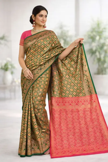 Magenta, Olive Banarasi Silk Banarasi Saree (Regular Sari)
