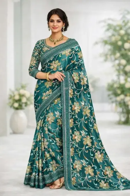 Teal Georgette Bandhani Saree - Casual (Regular Sari) (Free Size)