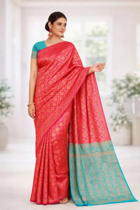 Light Blue, Pink Banarasi Silk Banarasi Saree (Regular Sari)
