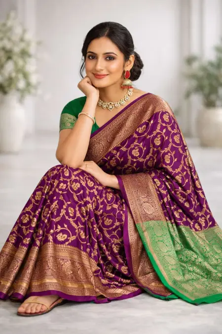 Green, Wine Banarasi Silk Banarasi Saree (Regular Sari) view 3