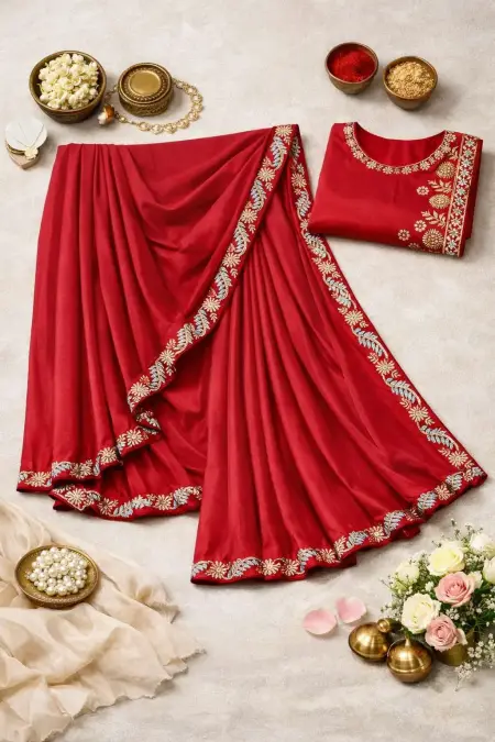 Red Georgette Bollywood Saree - Casual (Regular Sari) (Free Size) view 4