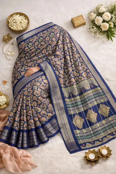 Dark Blue, Indigo, Navy Blue Banarasi Silk Banarasi Saree (Regular Sari) view 4