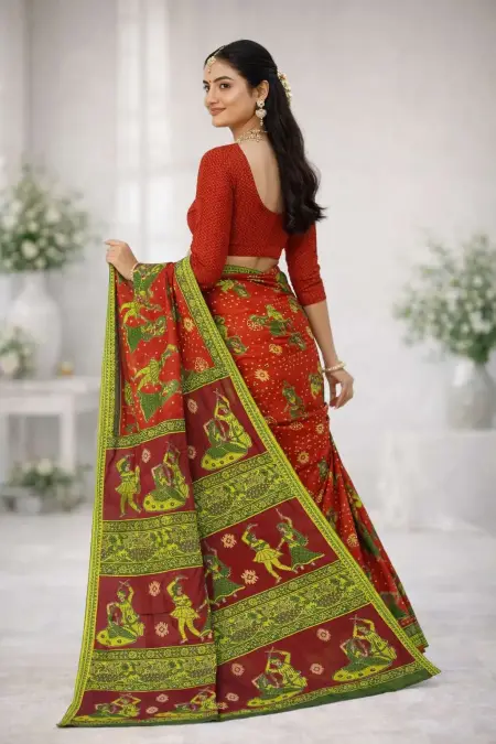 Green, Red Cotton Bandhani Saree (Regular Sari) view 2