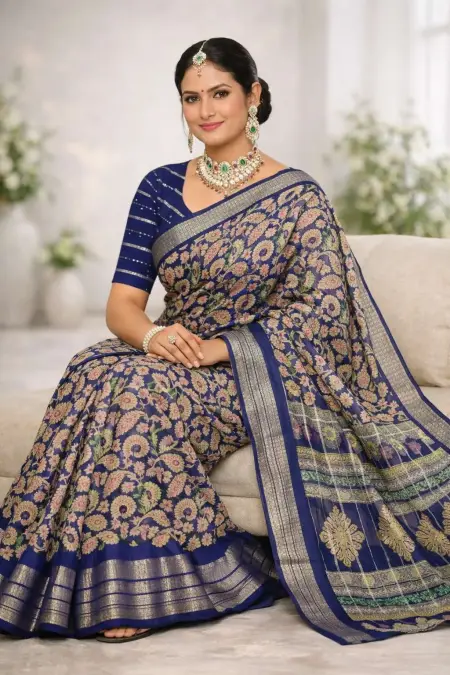 Dark Blue, Indigo, Navy Blue Banarasi Silk Banarasi Saree (Regular Sari) view 3