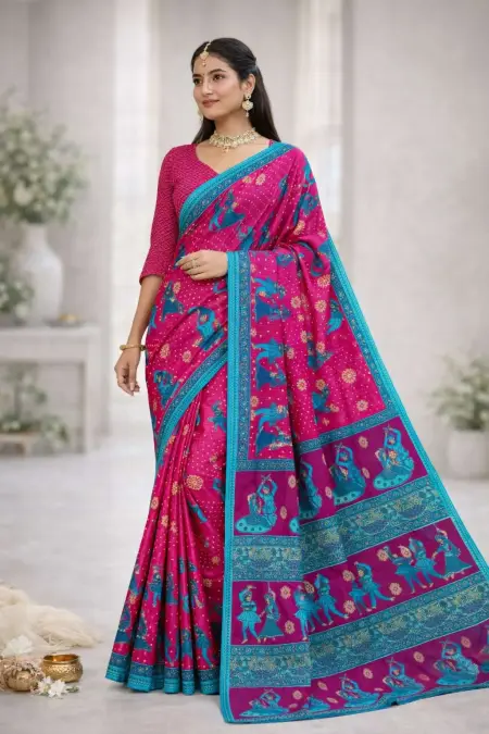 Blue, Pink Cotton Bandhani Saree (Regular Sari)