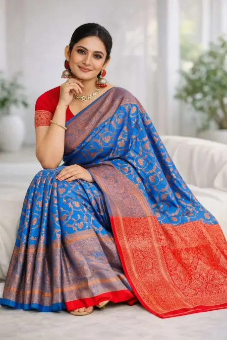 Light Blue, Pink Banarasi Silk Banarasi Saree (Regular Sari) view 3