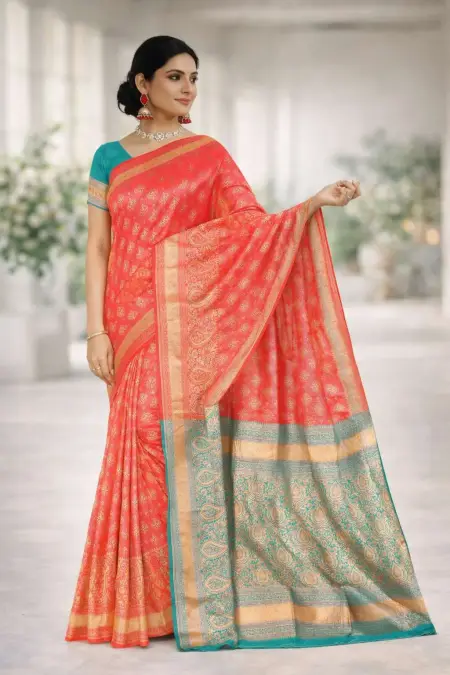 Aqua Blue, Orange, Turquoise Banarasi Silk Banarasi Saree (Regular Sari)