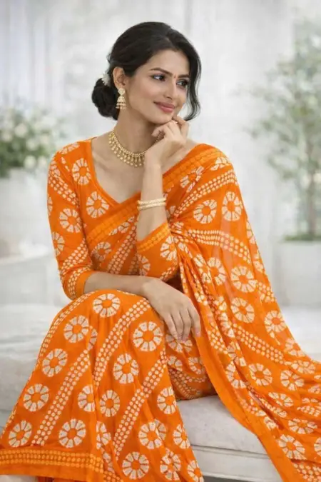 Orange Georgette Bandhani Saree (Regular Sari) view 3