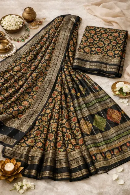 Black, Gold, Grey, Metallic, Silver Banarasi Silk Banarasi Saree (Regular Sari) view 4