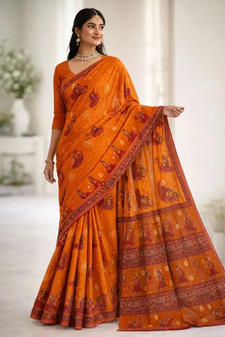 Gajari, Orange Cotton Bandhani Saree (Regular Sari)
