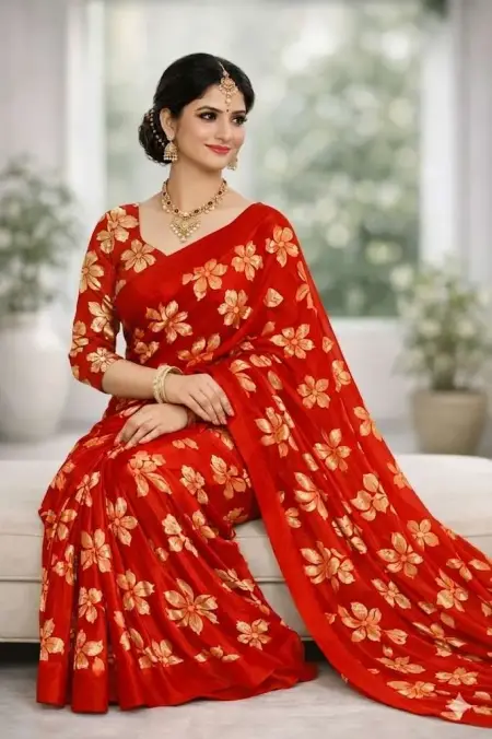 Red Georgette Bandhani Saree - Casual (Regular Sari) (Free Size) view 3