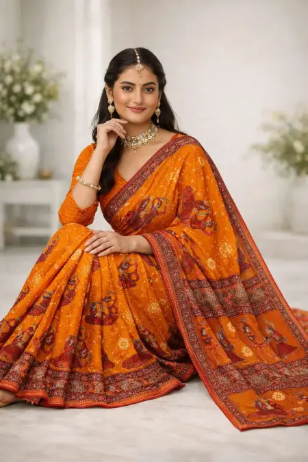 Gajari, Orange Cotton Bandhani Saree (Regular Sari) view 3