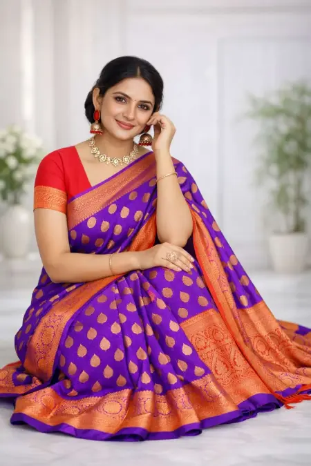 Blue, Indigo, Red Banarasi Silk Banarasi Saree (Regular Sari) view 3