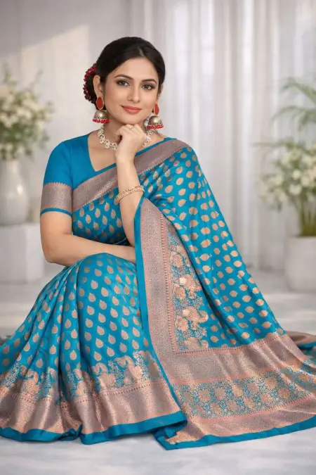 Aqua Blue Art Silk Banarasi Saree view 3