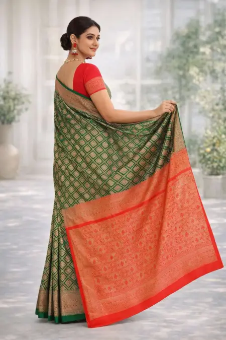 Green, Red Banarasi Silk Banarasi Saree (Regular Sari) view 2