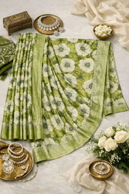 Dark Green, Green, Khaki, Light Green, Mehendi, Olive, Teal Chinon Two Tone Saree (Regular Sari) view 4