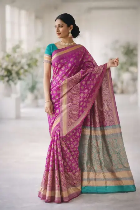Aqua Blue, Dark Pink Banarasi Silk Banarasi Saree (Regular Sari)