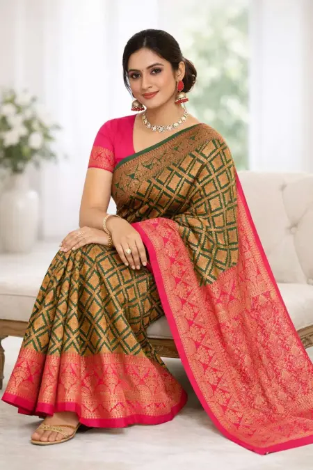 Magenta, Olive Banarasi Silk Banarasi Saree (Regular Sari) view 3