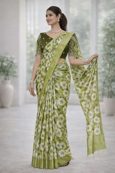 Dark Green, Green, Khaki, Light Green, Mehendi, Olive, Teal Chinon Two Tone Saree (Regular Sari)