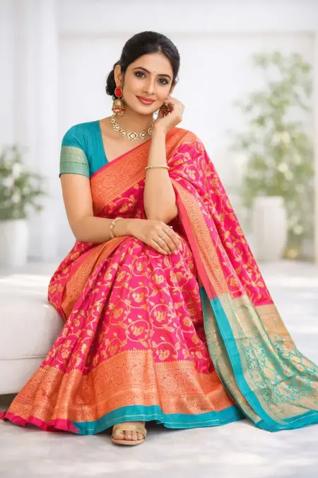 Aqua Blue, Light Blue, Pink Banarasi Silk Banarasi Saree (Regular Sari) view 3
