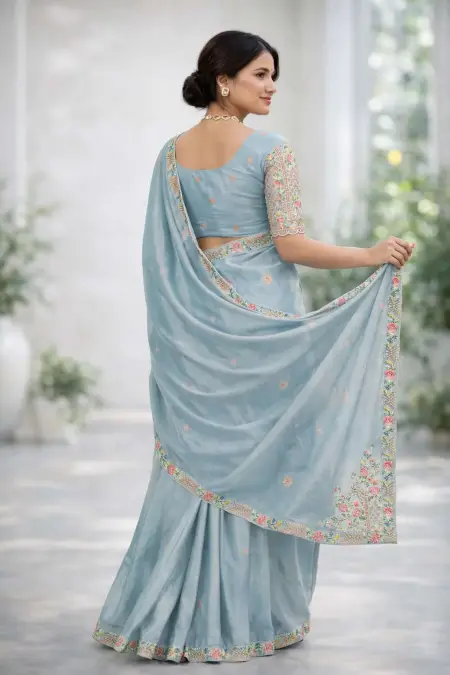 Baby Blue Silk Blend Bollywood Saree - Festive (Regular Sari) (Free Size) view 2
