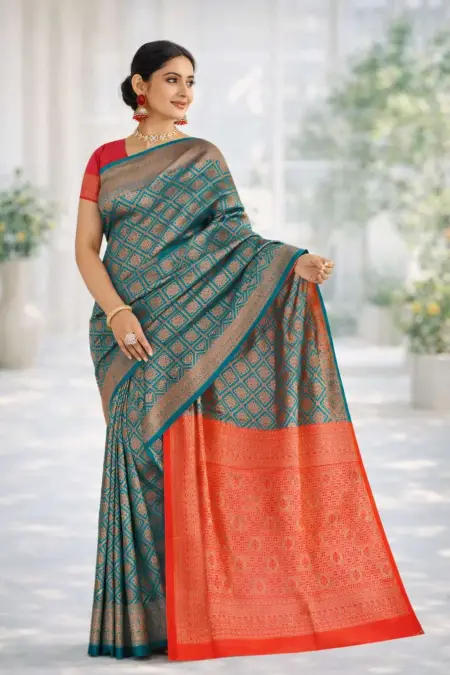Red, Teal Banarasi Silk Banarasi Saree (Regular Sari)