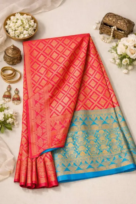 Light Blue, Red Banarasi Silk Banarasi Saree (Regular Sari) view 4