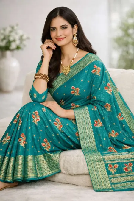 Light Green, Mint Green, Teal, Turquoise, Rama Banarasi Silk Banarasi Saree (Regular Sari) view 3