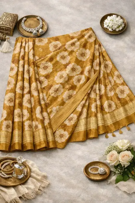 Beige, Dark Green, Gajari, Gold, Khaki, Light Blue, Maroon, Nude, Orange, Peach, Rust, Yellow Chinon Two Tone Saree (Regular Sari) view 4