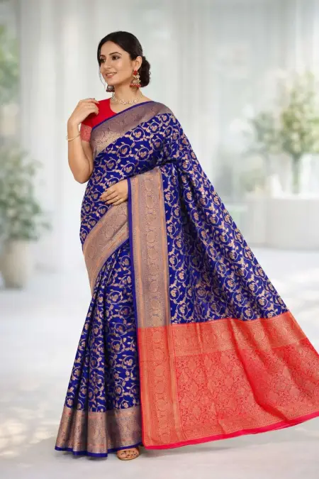 Indigo, Navy Blue, Pink Banarasi Silk Banarasi Saree (Regular Sari)