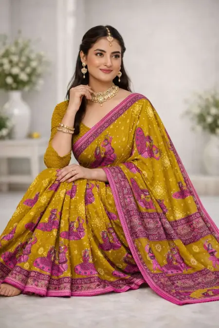 Olive, Pink Cotton Bandhani Saree (Regular Sari) view 3