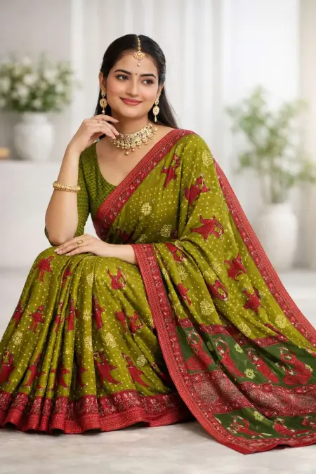 Green, Maroon, Multicolor Cotton Bandhani Saree - Casual (Regular Sari) (Free Size) view 3
