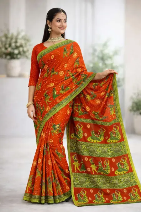 Green, Orange Cotton Bandhani Saree (Regular Sari)