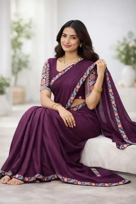 Wine Georgette Bollywood Saree (Regular Sari) view 3
