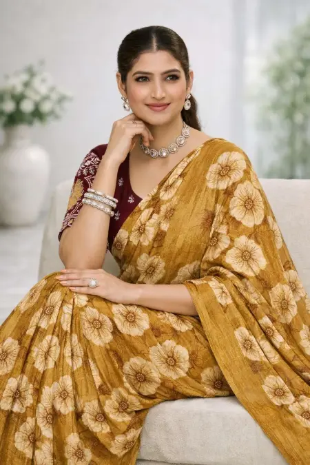 Beige, Dark Green, Gajari, Gold, Khaki, Light Blue, Maroon, Nude, Orange, Peach, Rust, Yellow Chinon Two Tone Saree (Regular Sari) view 3