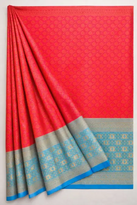 Aqua Blue, Red Banarasi Silk Banarasi Saree (Regular Sari) view 3