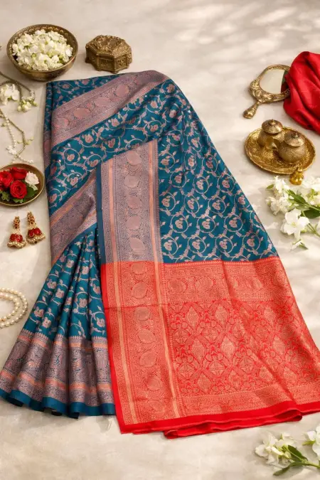 Blue, Red Banarasi Silk Banarasi Saree (Regular Sari) view 4