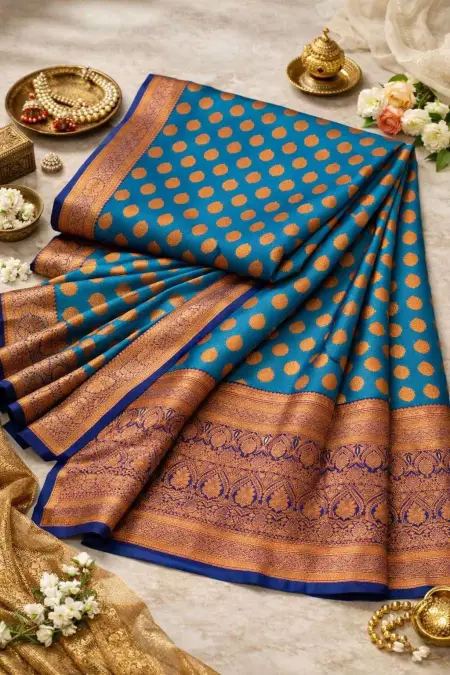Blue, Teal, Rama Banarasi Silk Banarasi Saree (Regular Sari) view 4