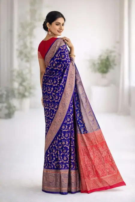Indigo, Navy Blue, Pink Banarasi Silk Banarasi Saree (Regular Sari) view 2