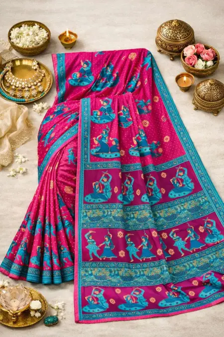 Blue, Pink Cotton Bandhani Saree (Regular Sari) view 4