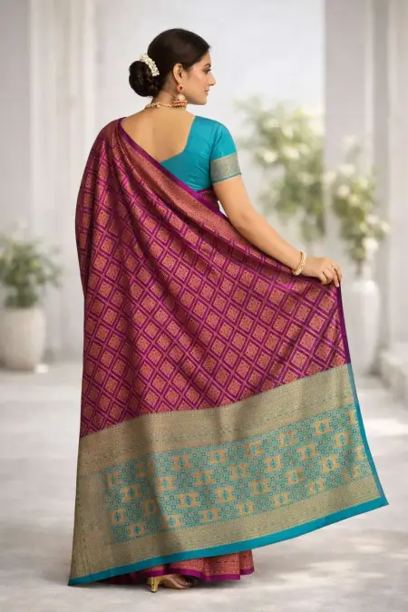 Aqua Blue, Wine Banarasi Silk Banarasi Saree - Casual (Regular Sari) (Free Size) view 2