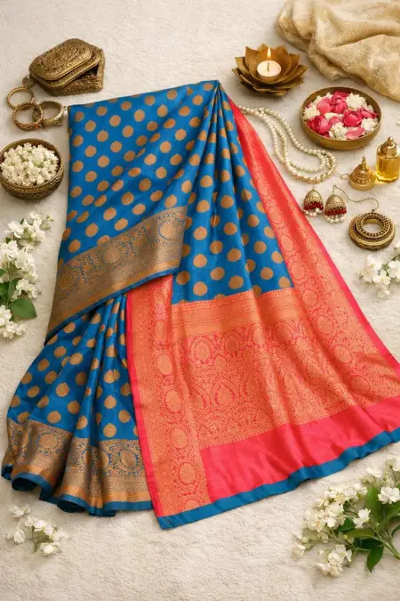Pink, Teal Banarasi Silk Banarasi Saree - Casual (Regular Sari) (Free Size) view 3