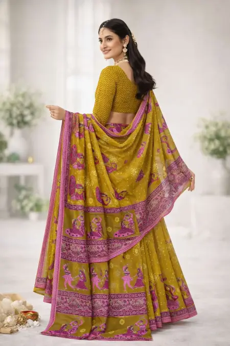 Olive, Pink Cotton Bandhani Saree (Regular Sari) view 2